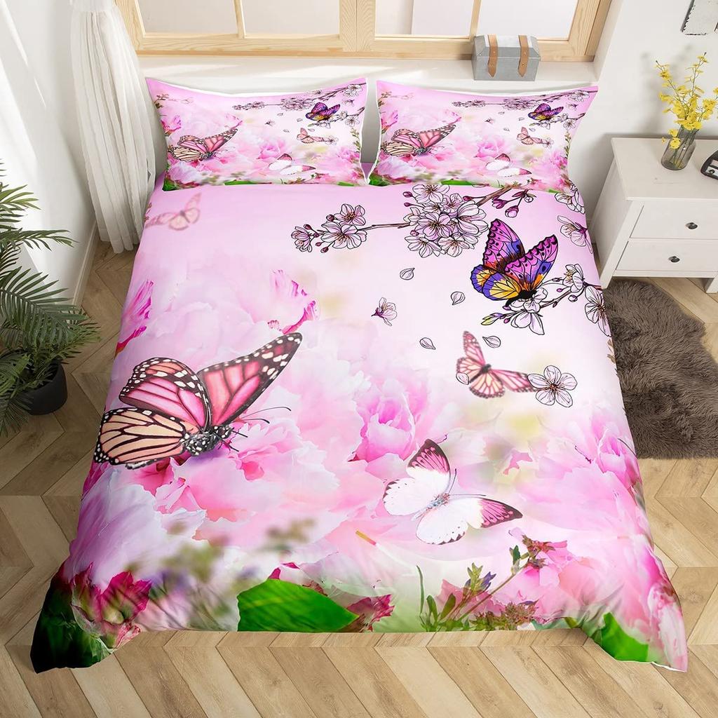 Butterfly and Flower Duvet Cover Girls Dream Animals Floral Comforter Cover Microfiber Romantic Theme Garden Flowers Bedding Set