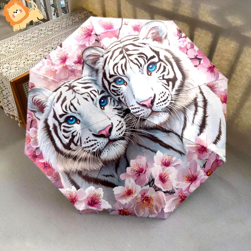 1 PC Automatic Folding Umbrella - White Tiger Pattern, Portable & Foldable Design with 8 Ribs, Christmas Birthday Gifts