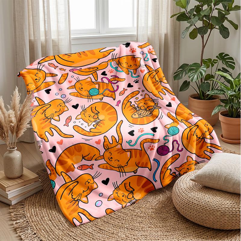Orange Cats Pattern Theme blanket Lightweight Warm Flannel Blanket Decorative Throw Blanket for Home Decoration