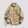 Men's Multi-pocket Loose Casual Shirt Trendy Fashion Top with Long Sleeves Versatile Work Jacket Green Khaki
