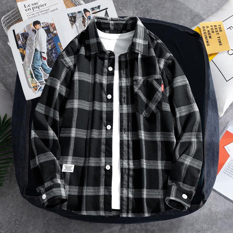 Men's Long-Sleeve Plaid Shirt, Loose Fit, Harajuku Style, Perfect for Spring and Autumn.