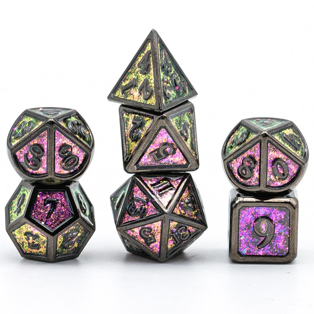 Cusdie Metal Glitter Dices DND 7Pcs Frame Solid D&D Dice D4-D20 Polyhedral Dice Set for Role Playing Game Pathfinder TRPG