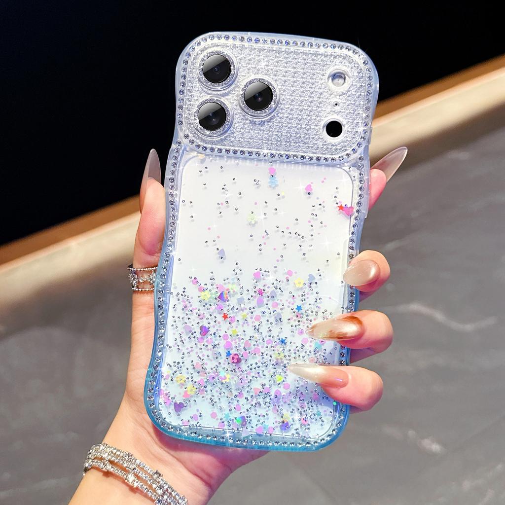 For iPhone 17 Pro Max Case Glitter Epoxy Design TPU Protective Case with Sparkly Rhinestone Decor Wave Frame