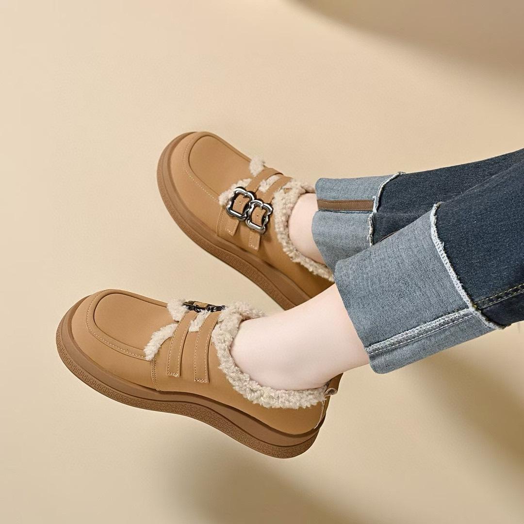 

Хлопковые туфли с круглым носком для женской осени и зимы, новые, на одной педали, с напуском, двубортные, пушистые туфли 40 абрикосовый