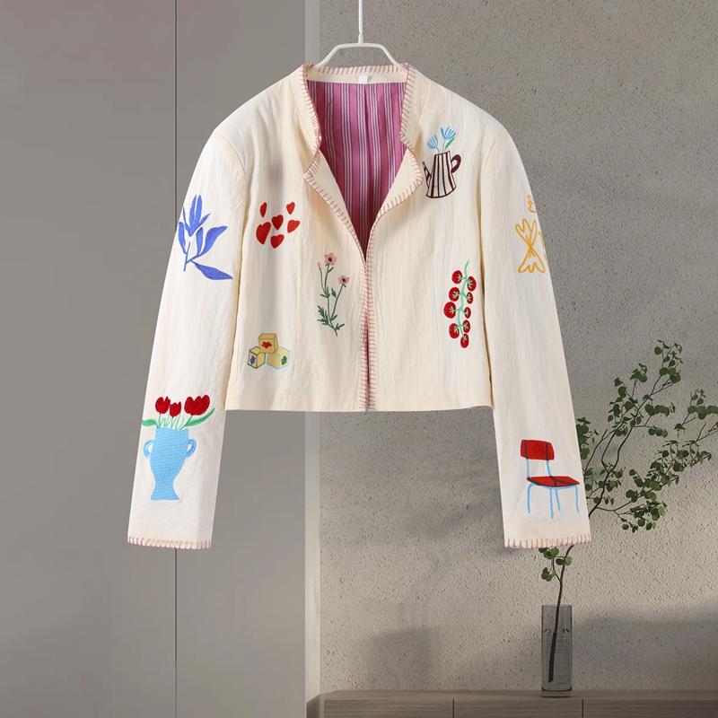 

Кардиган-жакет с полувысоким воротником, с принтом и вышивкой, женский, с длинным рукавом, короткий топ, с высокой талией и открытым пупком, модный, для работы, осень 2025 L белый