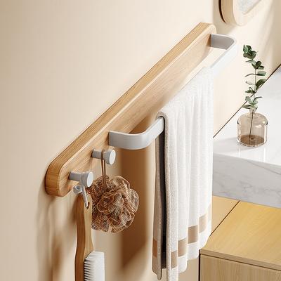 Barra de Toalla de Baño con 2 Ganchos Madera Blanco Negro Aluminio Montaje en Pared Cocina Baño Soporte para Toallas Organizador de Almacenamiento Estante para Colgar