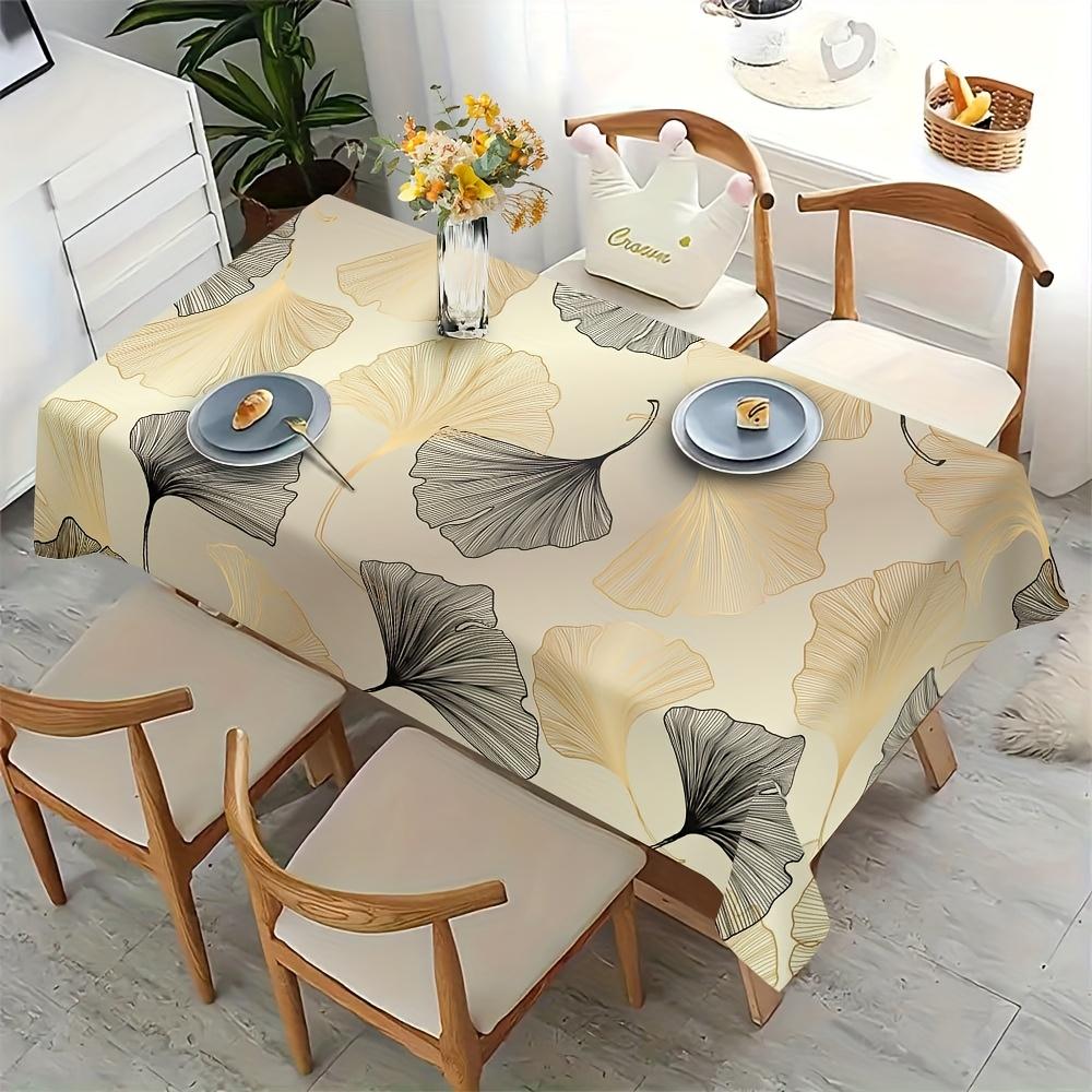 1pc Elegant Ginkgo Leaf Tablecloth - Large Rectangular Beige & Golden Leaf Pattern, Polyester Fabric, Easy-Clean, Beige & Golden Leaf Design in Soft P