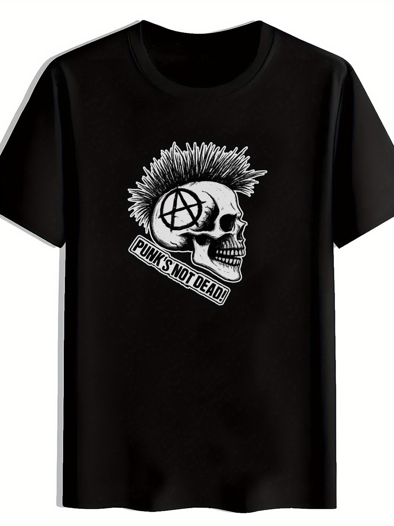 

Vintage Punk Rock Graphic T-shirt - Black Short Sleeve Round Neck Tee with Skull Mohawk & Anarchy Symbol Print XXXL