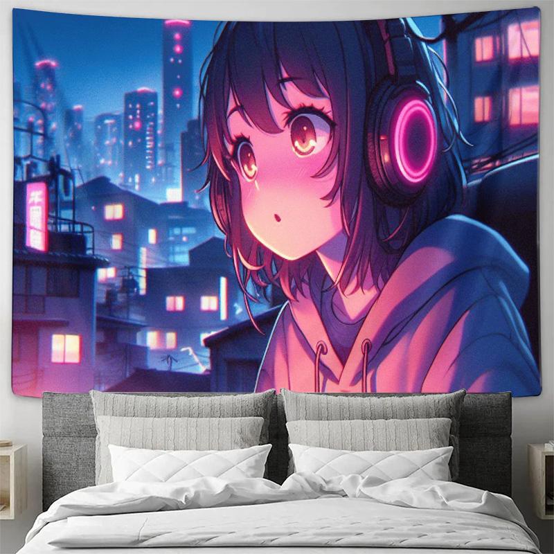 Future City Night Scene with HeadphoneWearing Girl Wall Decorative Tapestry