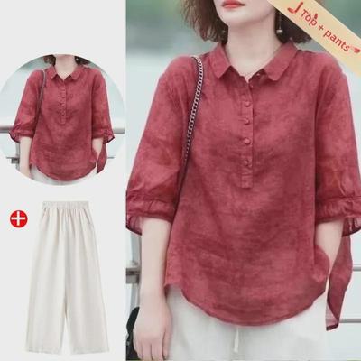 Cotton Silk Suits for Middle-aged Women: Fashionable Spring/Summer 2024 Two-piece Set