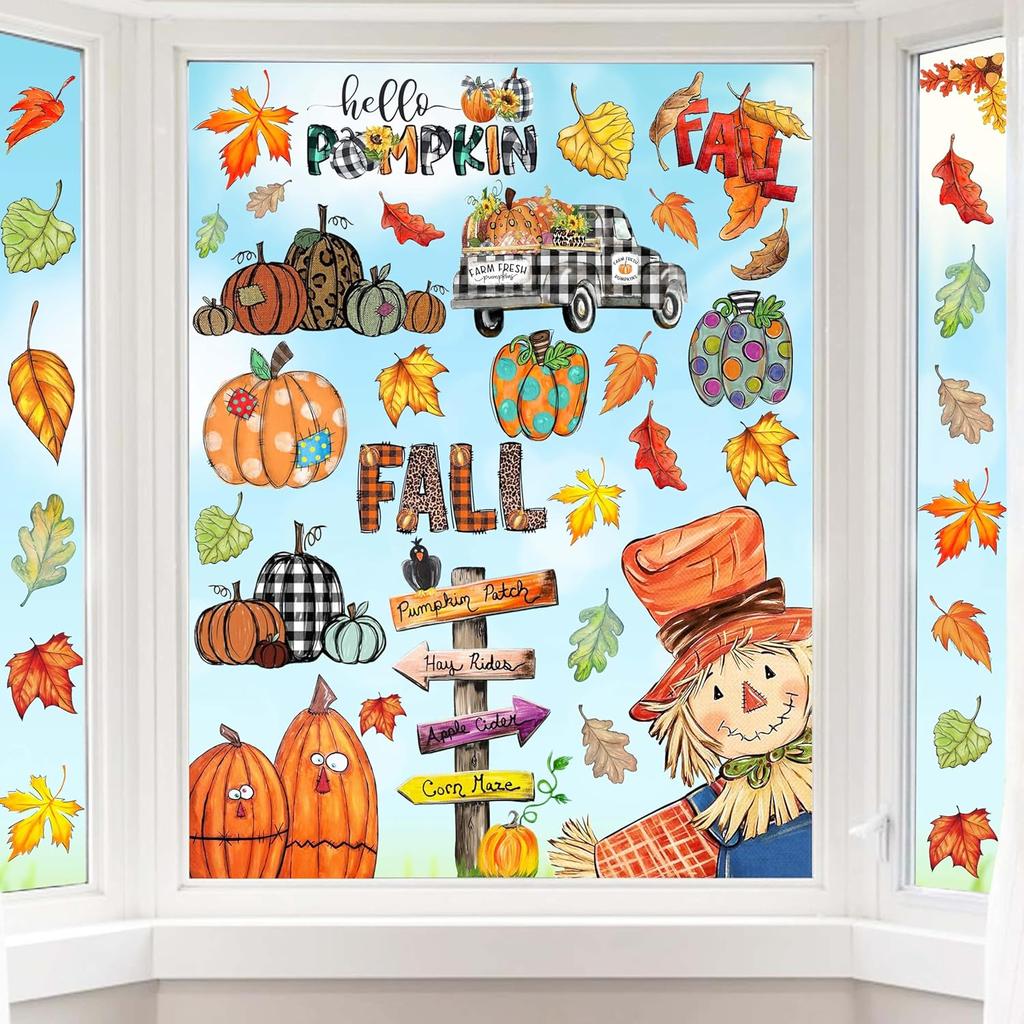 Fall Window Clings Decorations for Glass Fall Watercolor Pumpkin Maple Leaves Scarecrow Truck Window Stickers for Autumn Thanksgiving Harvest Party