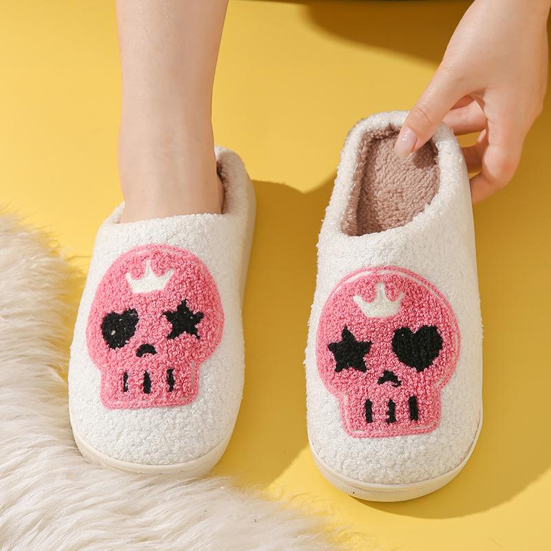 Winter Skull Print Halloween Plush Lined Warm Bag Toe Shoes Plush Home Indoor Cotton Slippers
