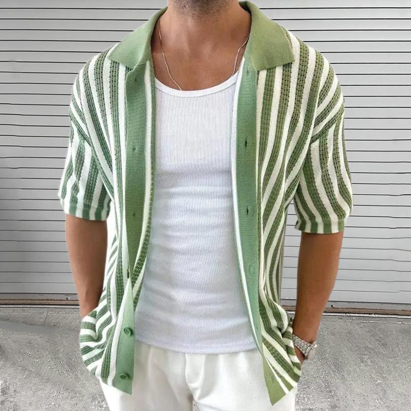 

Men s Striped Short Sleeve Cardigan with White Tank Top and Pants, Casual Summer Outfit M зелёный