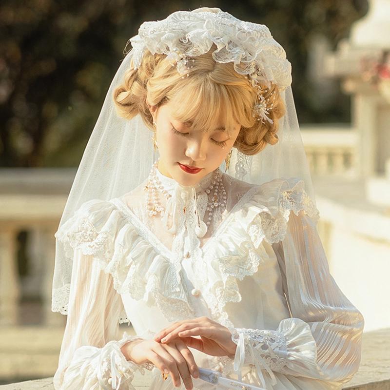 Vintage Brides Lace Veil Headdress Black White Lolita Veil for Outdoor Occasions