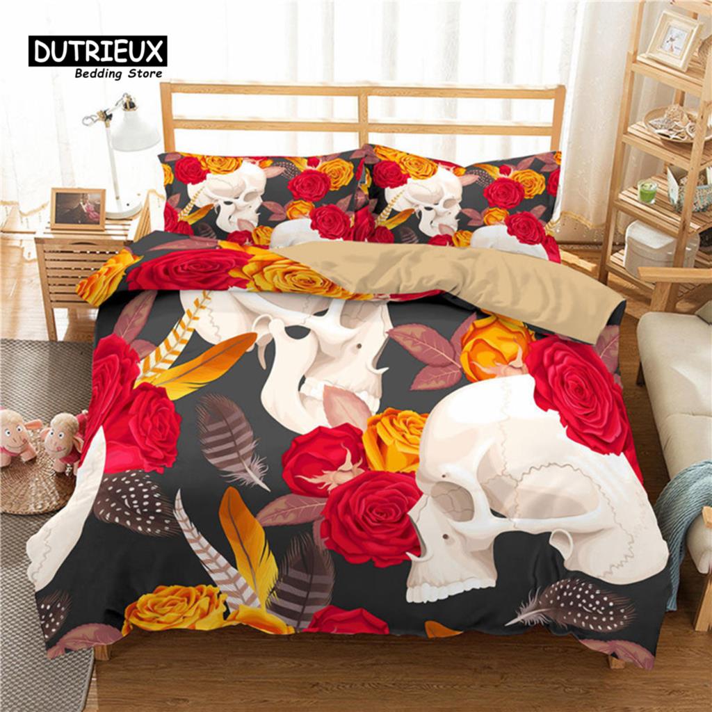 Red Rose Skull Floral Bedding Set Skeleton Flowers Green Leaves Print Duvet Cover Horror Theme Comforter Cover With Pillowcases