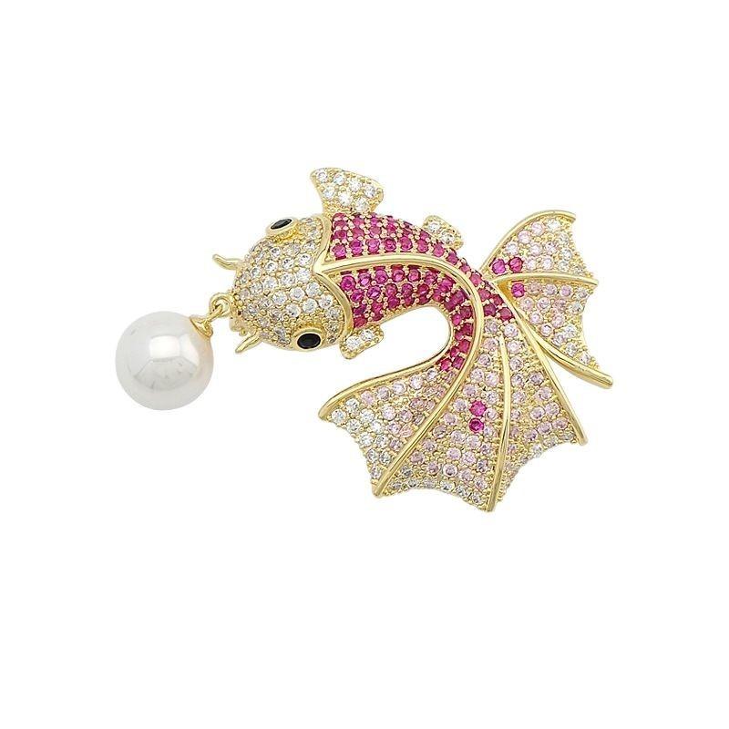 Full-diamond Three-dimensional Goldfish Brooch, High-end Feminine Charm, Pearl Koi, Light Luxury, Niche Design Sense Brooch