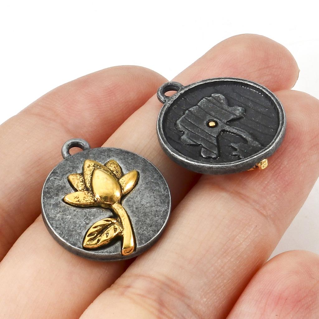 10pcs Vintage Birth Month Flower Charms Antique Gold Color Round Flower Pendants DIY Necklace Women Party Jewelry 20mm x 17.5mm