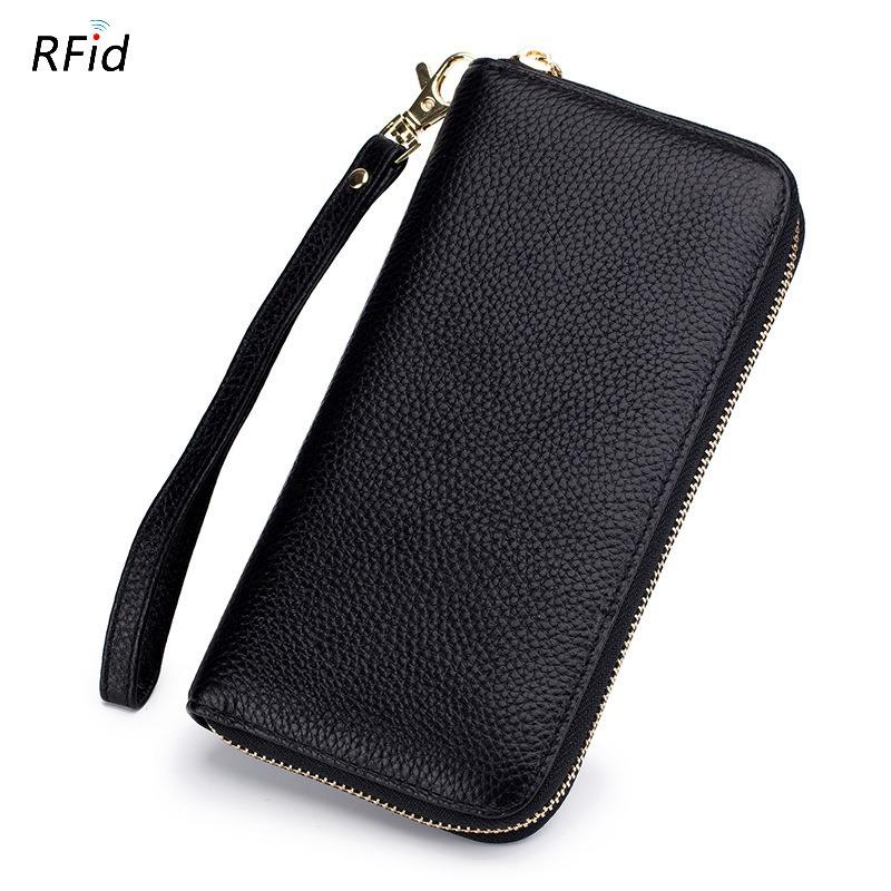 Wallet purses women women tassel top layer anti-theft brush, zipper European and American wallet leather RFID чёрный