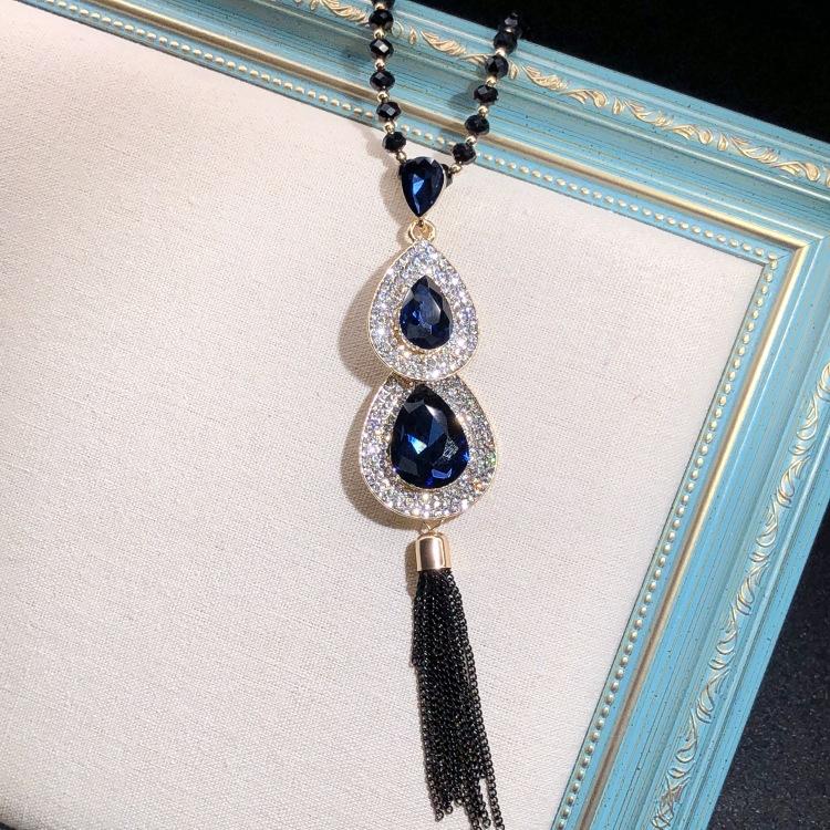 Retro Long Crystal Sweater Chain Women's Versatile Temperament Flower Pendant Necklace Fashion Ethnic Style Hanging Accessories