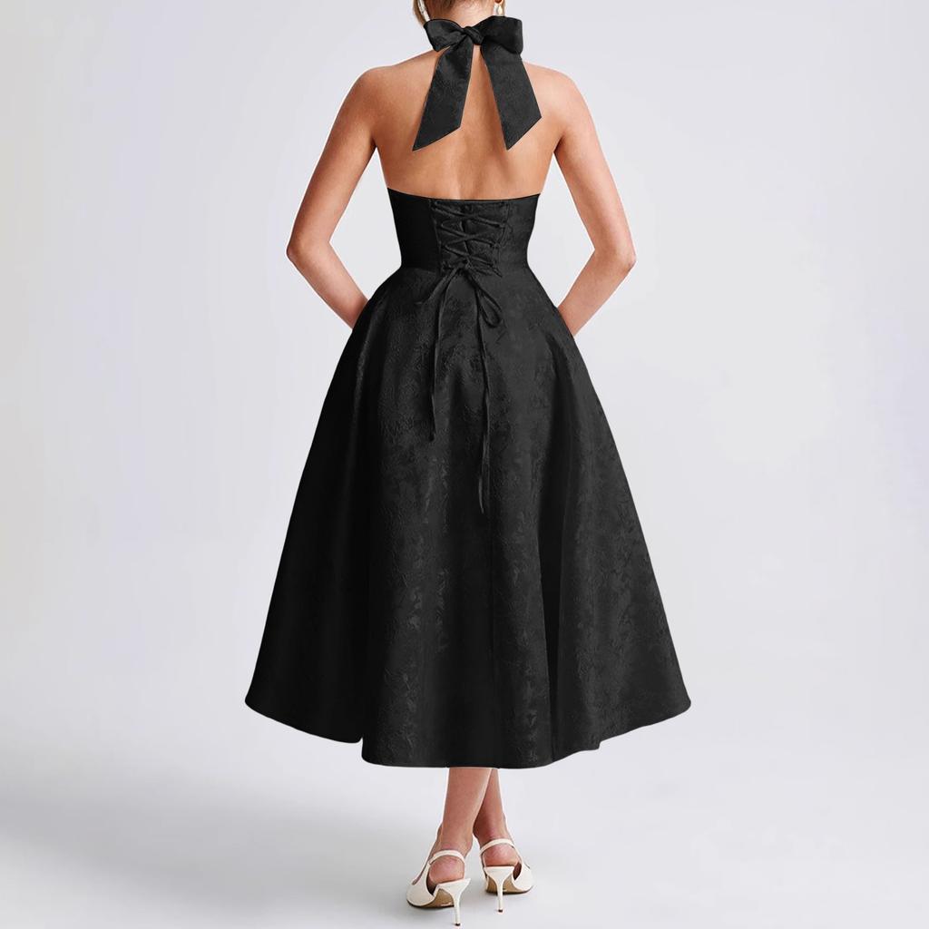 Damen V-Ausschnitt Hängender Nacken Einfarbig Hochwertiges Abendkleid Sommer Temperament Ärmellos Rückenfrei Tailliertes Kleid