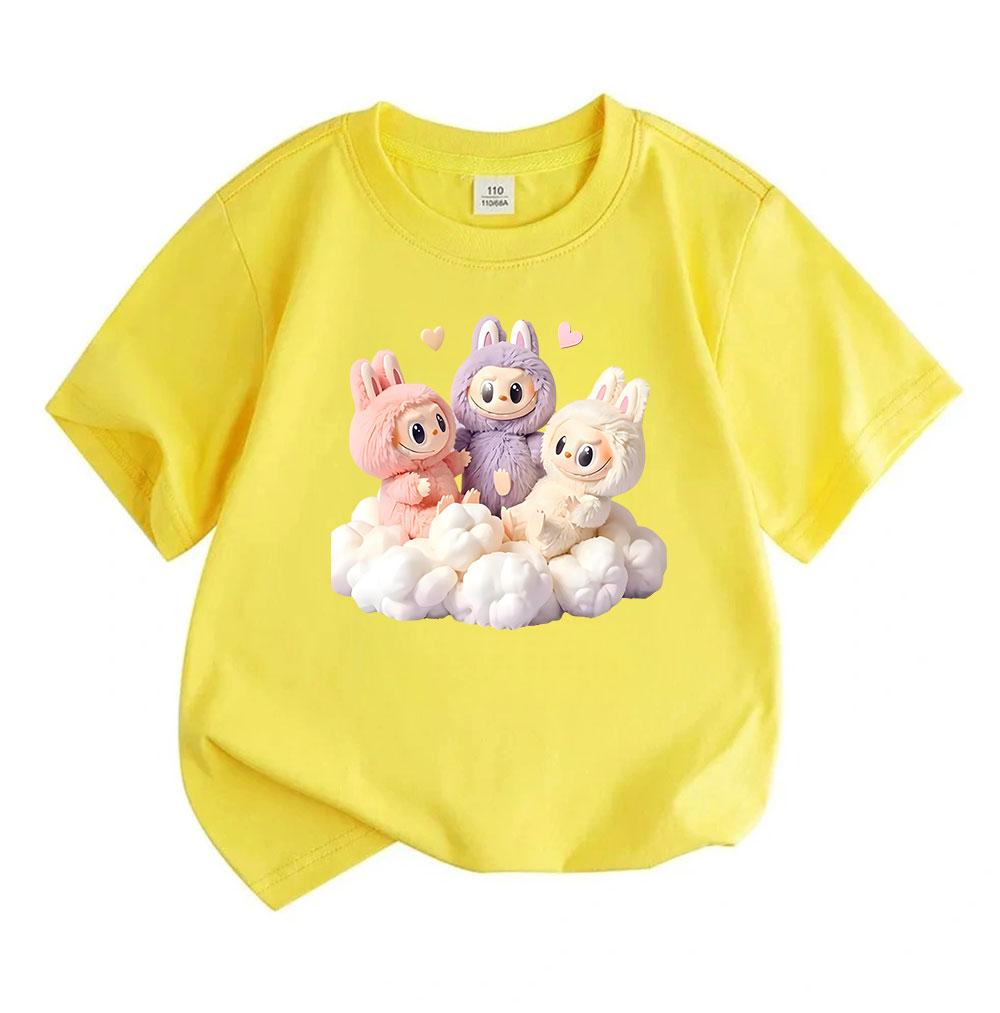 Cute Plush Bunny Printed Kids 100% Cotton T-Shirt, Boys Girls Soft Breathable Round Neck Short Sleeve Casual Tops, Adorable 3 Rabbit Pattern Summer Co