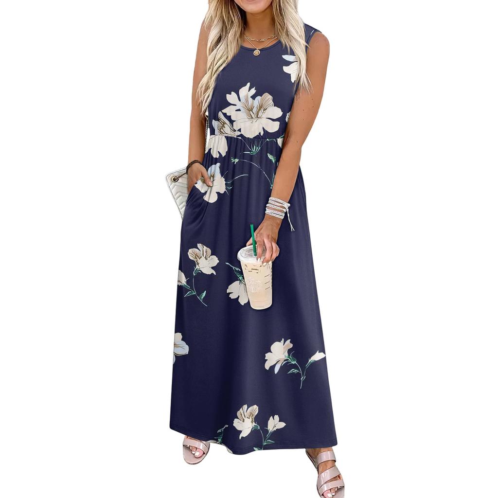 Ladies' Floral Print Casual And Fashionable Waist Cinched Sleeveless Dress