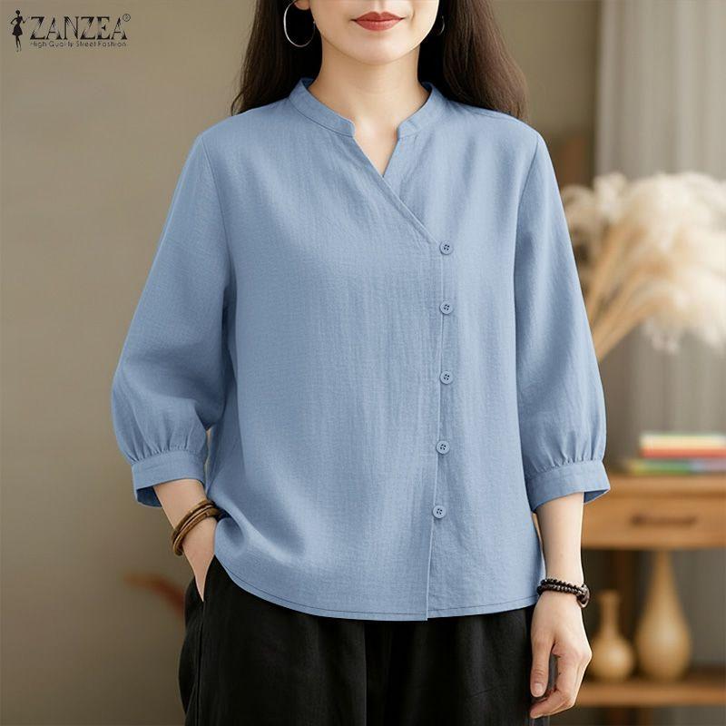 ZANZEA Women Casual V-neck Solid Color Loose 3/4 Sleeve Blouse
