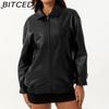 BITCED Fashionable Oversized Leather Jacket for Women Long-Sleeve Collared Spring/Fall Coat