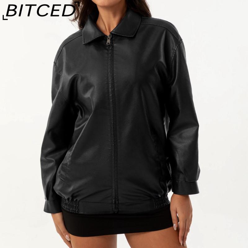 BITCED Fashionable Oversized Leather Jacket for Women Long-Sleeve Collared Spring/Fall Coat