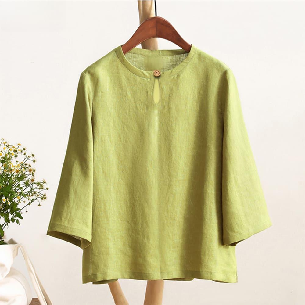 

Женская льняная блузка - Рукав три четверти, Круглый вырез, Повседневная, Свободный крой, Однотонный дизайн, Топ-пуловер 5XL чёрный