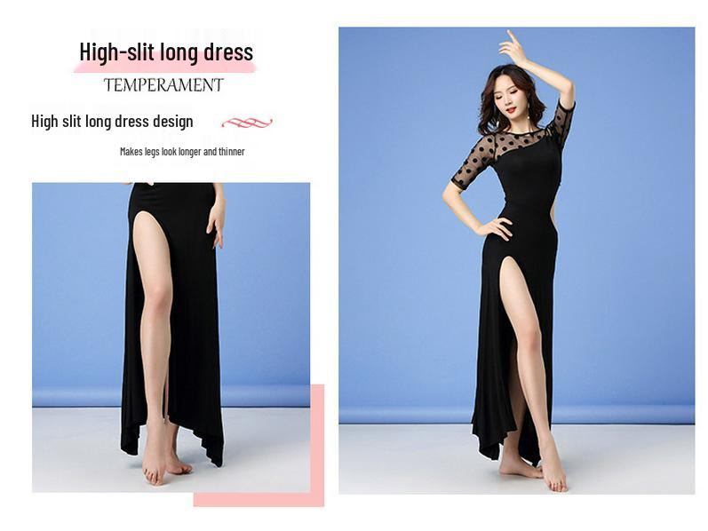 Huayu Hepburn Polka Dot Uitgesneden Modal Jurk voor Volwassen Vrouwen Buikdans Oefening