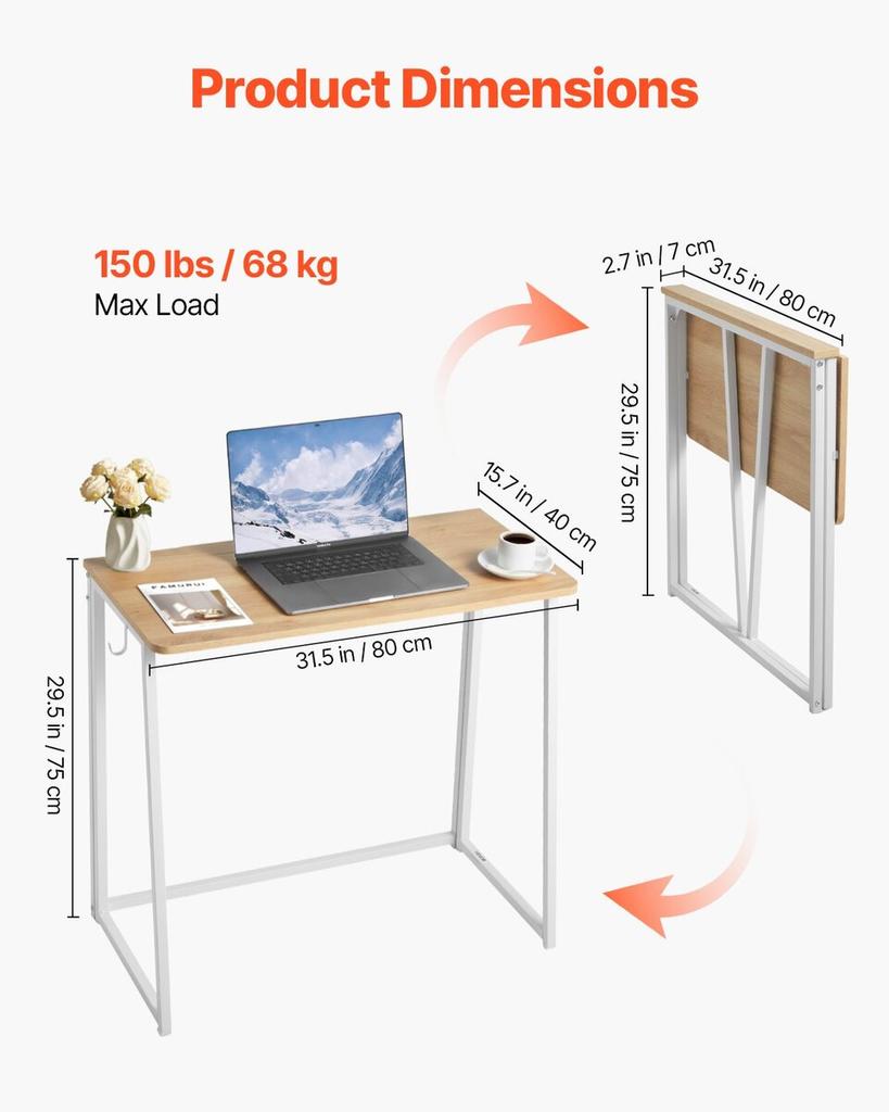 Folding Desk, 80 Cm Small Foldable Table for Compact Spaces, Space Saving Computer Table, Sturdy Particleboard with Storage Hooks, Writing Workstation