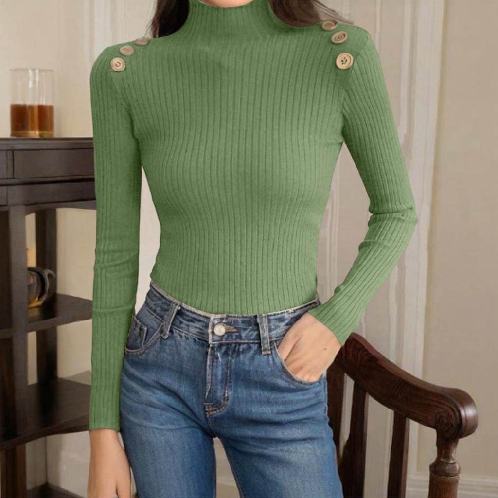 Women's Fashion Slim Button Top Half Turtleneck Knitted Bottoming Shirt