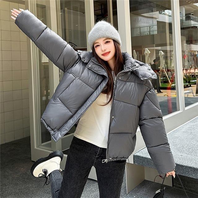 Women's Winter Puffy Hooded Puffer Jacket Solid Color Loose-Fit Short-Length Warm Jacket