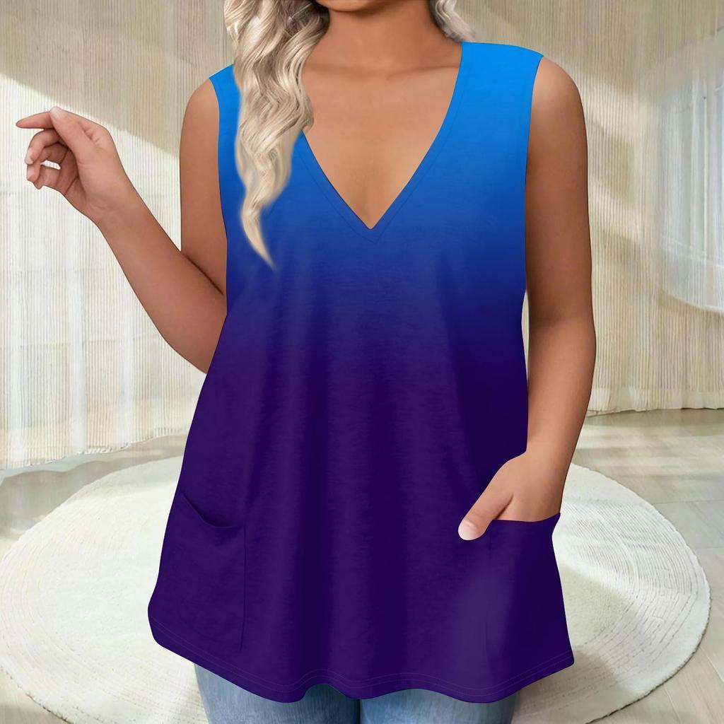 Women's V-neck T-shirt Vest Loose With Pockets T-shirt Gradient Colour Printed Bottom Shirt