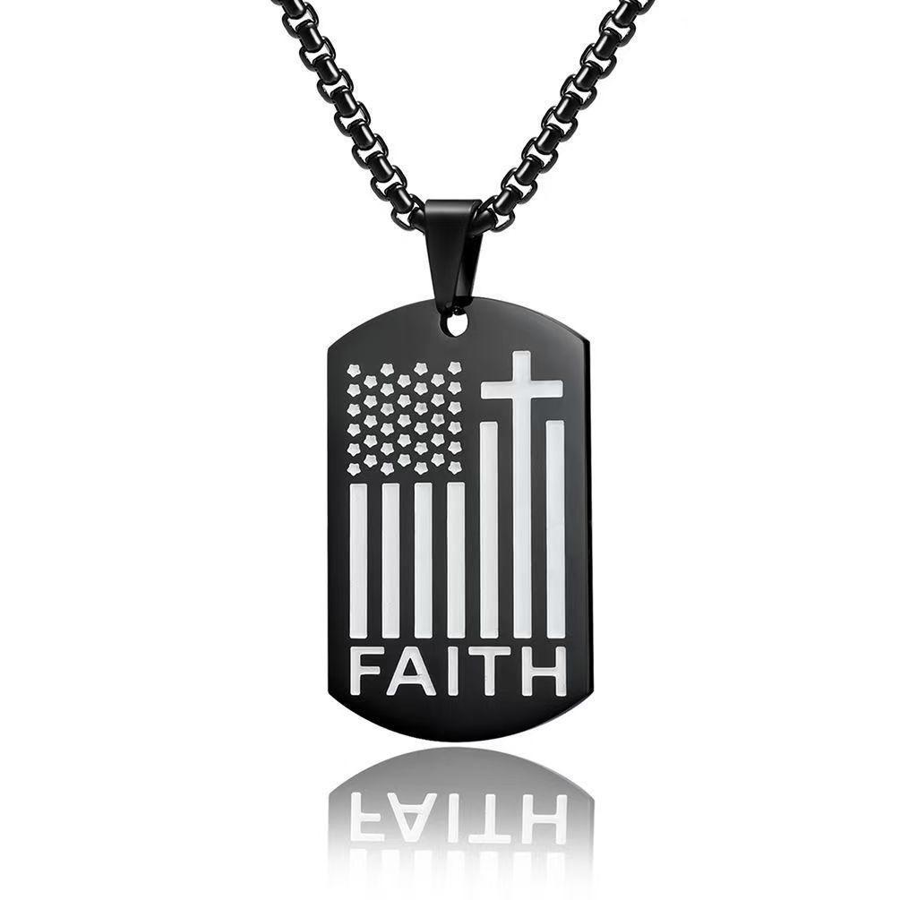 American Flag Necklace Men's Cross Pendant Military Tag Dog Tag