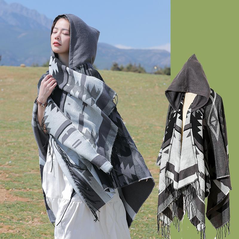 Autumn Winter Elegant Retro Print Scarf Women Layers Poncho Warm Tassels Scarve Capa Para Mujer Pashmina Cloak Wrap Shawl