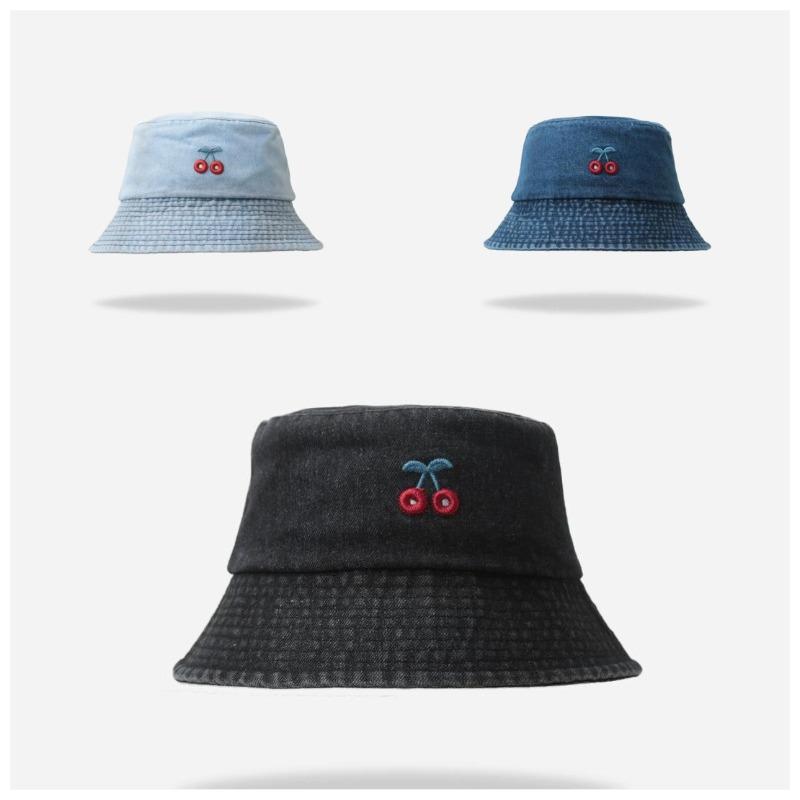 Little Cherry Denim Fisherman Hat for Women Summer Sun Protection Versatile Face-Slimming Bucket Hat Spring Bucket Hat