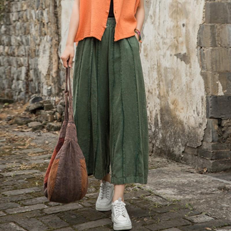 

Johnature Women Vintage Wide Leg Pants Solid Color Elastic Waist Summer Trousers Solid Color Patchwork Pants One Size