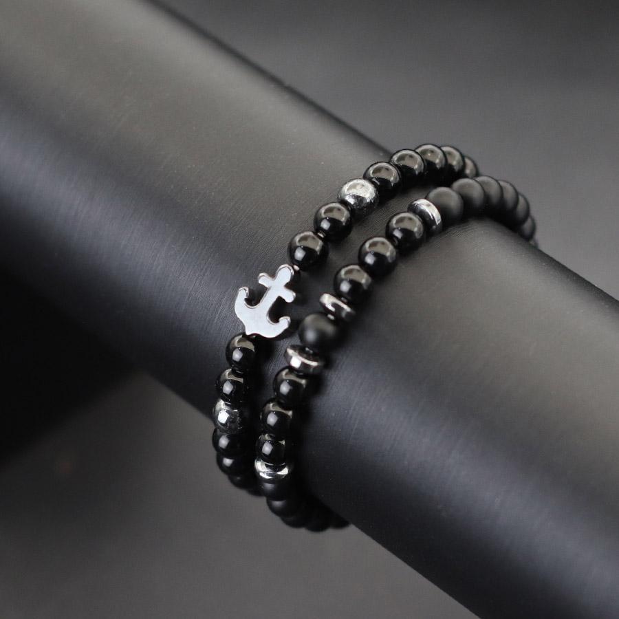 Unique 2Pcs/Set Anchor Bracelet For Men 6mm Natural Howlite Tiger Eyes Stone Braclet Homme Healing Jewelry Set Gift For Him