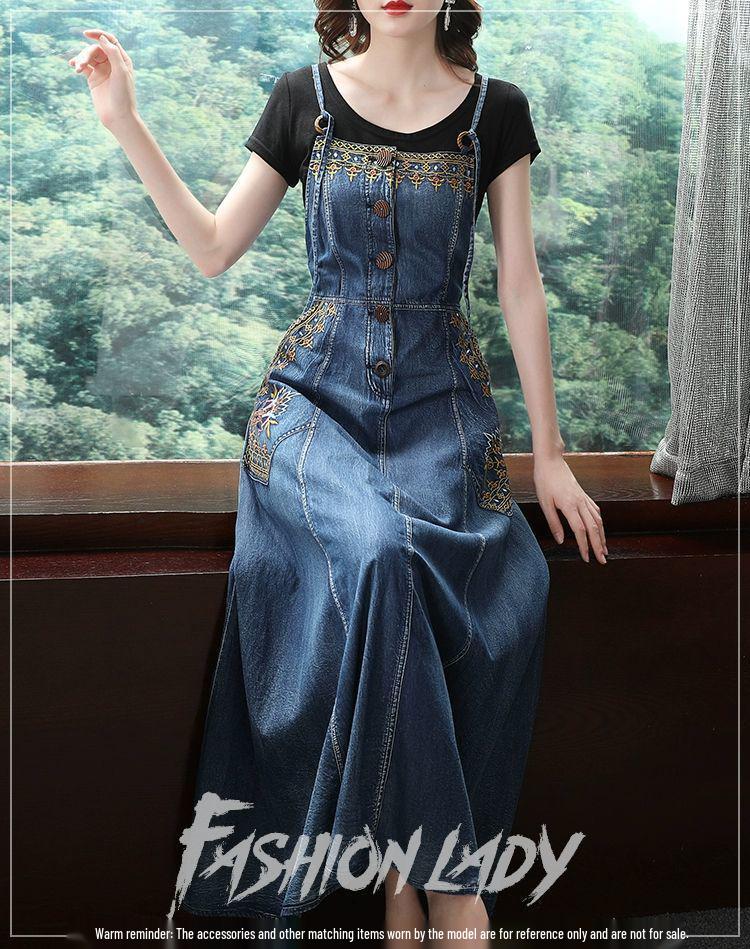 Ethnic Embroidered Denim Strappy Maxi Dress - Slimming Ankle-Length Style