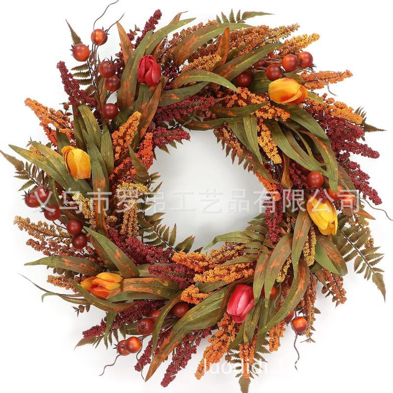 Harvest Wreath With Pumpkins Berries Vine Circle Halloween Thanksgiving Door Decor