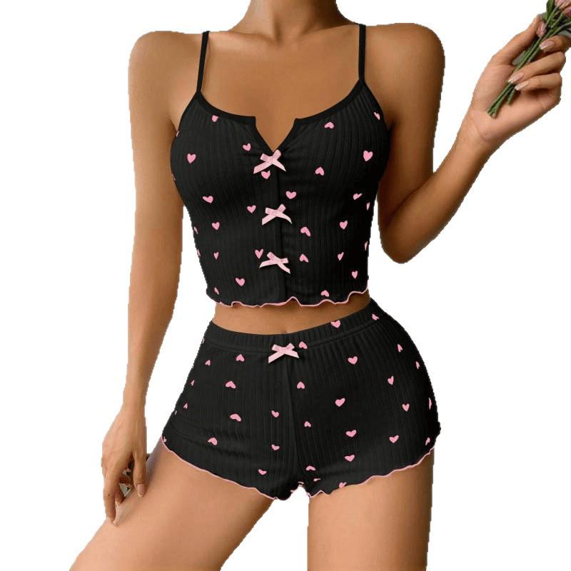 Ensemble pyjama camisole à imprimé cœur et nœud - Ensemble deux pièces confortable en côtes pour la détente