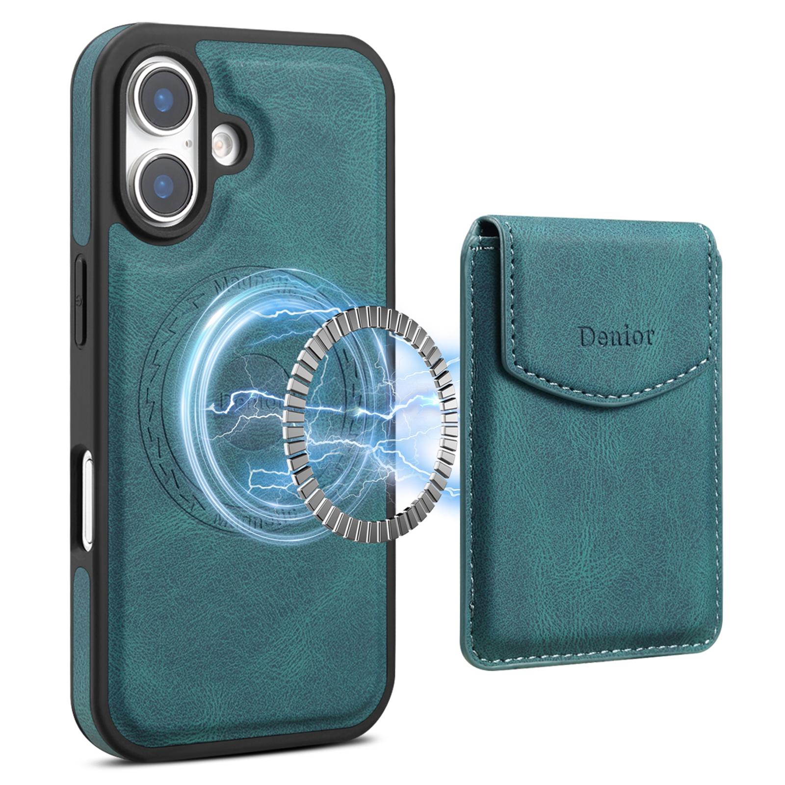 

DENIOR D19 For iPhone 16 Magnetic Case Leather+PC+TPU Cover with Detachable Card Bag Blue