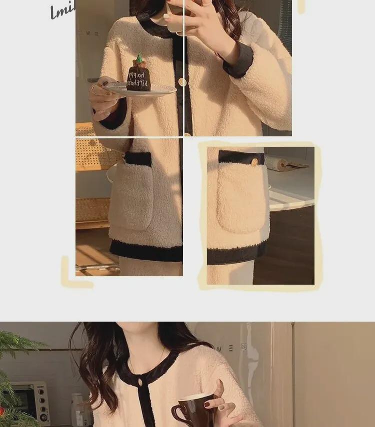Korean Style Women's Coral Fleece Pajamas - Thick Velvet Flannel Home Suit