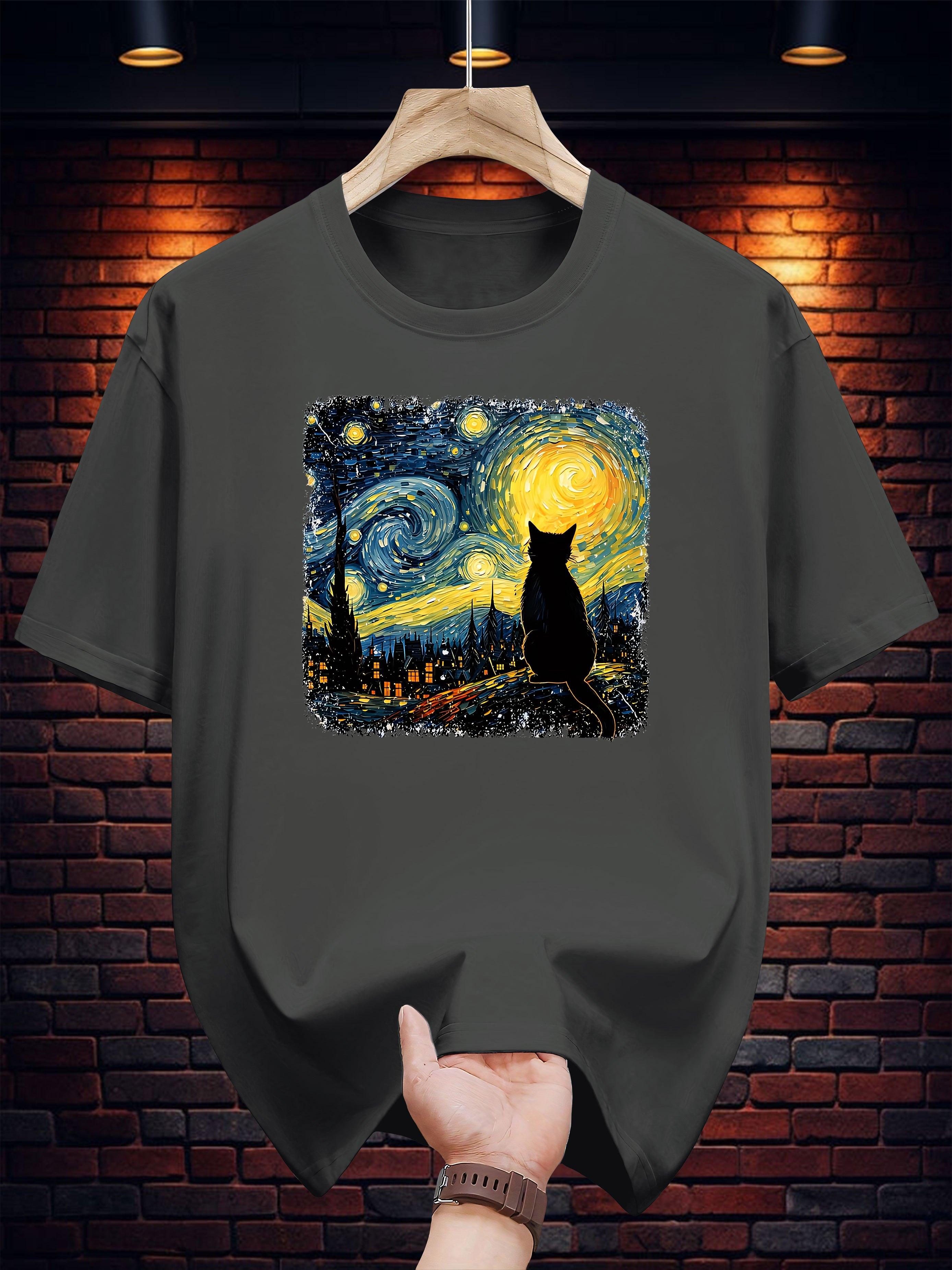 

Van Gogh Starry Night Cat Print T-shirt - Navy Blue Casual Short Sleeve Round Neck Summer Tee XXL