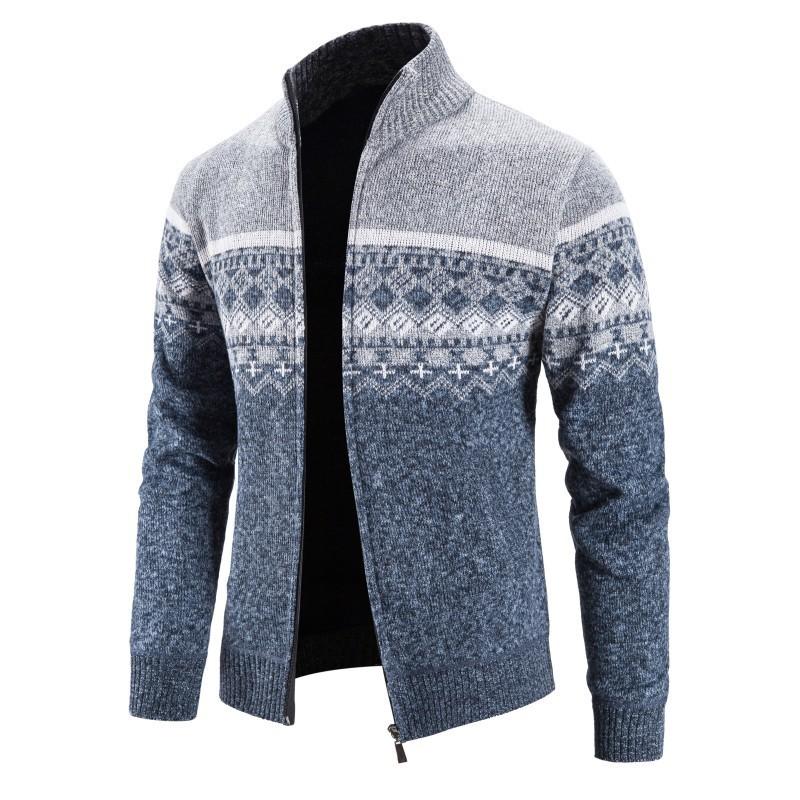New Men's Print Color Matching Fleece Casual Stand-up Cardigan Plus Size Sweater Jacket