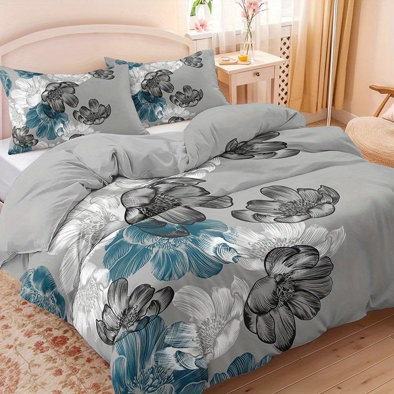 3pcs Teal and Gray Floral Bedding Duvet Cover Set Bohemian Floral Bedding Quilt Set Bohemian Themed Bed Quilt Set Grey and Teal