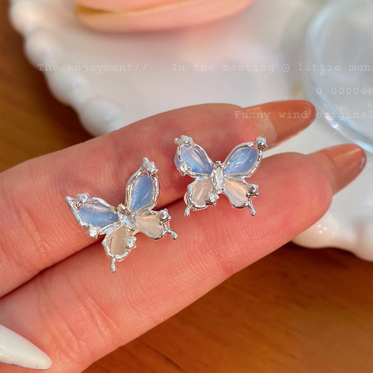 

Серьги-бабочки с розовым кошачьим глазом и иглой из серебра 925 пробы butterfly stud earrings синий