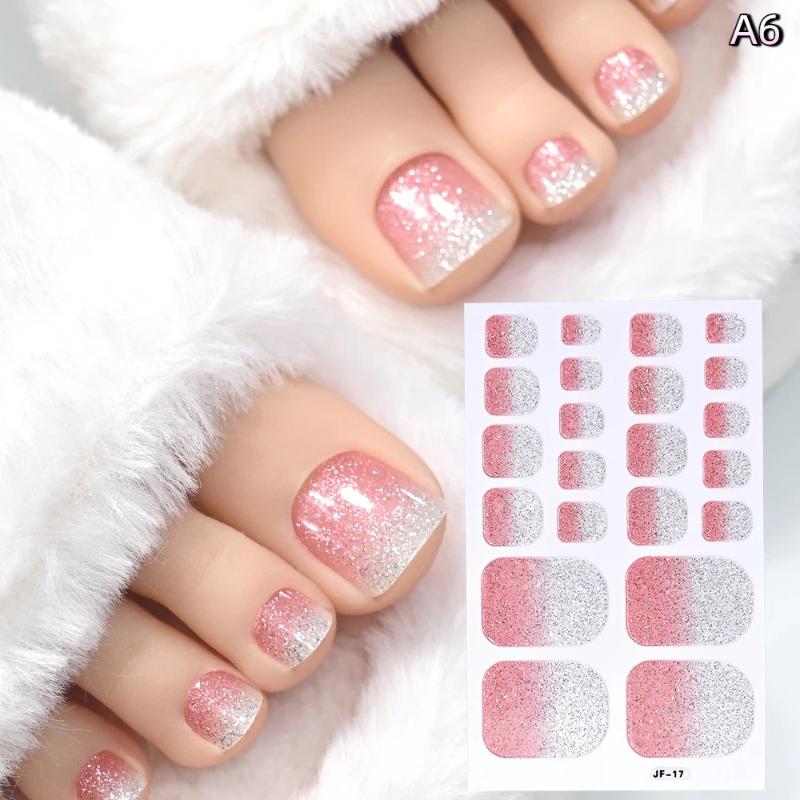 22Pcs/Sheet Toe Nail Sticker Wraps Baking Free Simple Solid Color Glitter Full Cover Toenail Polish Strips Waterproof